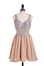 Edgy Peach V-neck Neckline Beading Cocktail Dresses Sleeveless Side Zipper