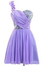 Low Price One Shoulder Sequins Mini Length A-line Sleeveless Lavender Party Dress Wholesale Lace Up