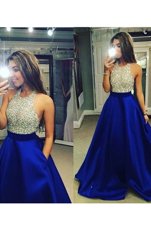 Lovely Halter Top Blue Sleeveless Chiffon Backless Evening Wear for Prom and Party