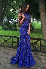 Mermaid Scoop Lace Sleeveless With Train Formal Dresses Sweep Train and Beading