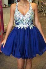 Shining Knee Length A-line Sleeveless Royal Blue Cocktail Dresses Backless