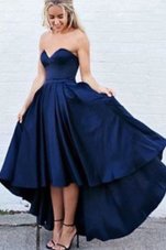 Best Navy Blue Satin Zipper Sweetheart Sleeveless High Low Evening Dress Pleated