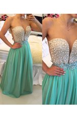 Noble Turquoise Column/Sheath Sweetheart Sleeveless Chiffon Floor Length Zipper Beading Hoco Dress