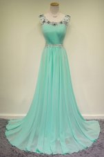 Wonderful Scoop With Train Turquoise Chiffon Brush Train Sleeveless Beading