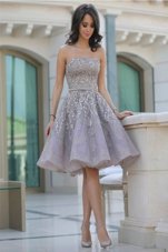 Eye-catching Knee Length Grey Evening Dress Organza Sleeveless Belt