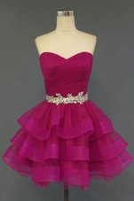 Elegant Knee Length Fuchsia Organza Sleeveless Beading and Ruffled Layers