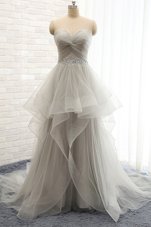 Amazing Tulle Sweetheart Sleeveless Court Train Lace Up Beading Evening Dress in Grey