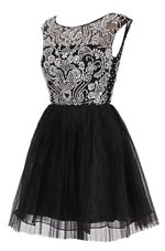 Black Zipper Bateau Beading Cocktail Dresses Tulle Cap Sleeves