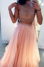 Custom Made Peach High-neck Side Zipper Beading Evening Gowns Sweep Train Sleeveless