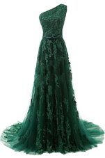 Exquisite Dark Green A-line One Shoulder Sleeveless Tulle Sweep Train Zipper Beading and Appliques Prom Evening Gown