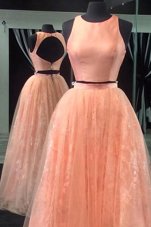 Most Popular Scoop Floor Length A-line Sleeveless Peach Homecoming Dress Backless