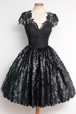 Fitting Black Cap Sleeves Lace Knee Length Prom Evening Gown