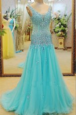 Beading Prom Dresses Aqua Blue Zipper Sleeveless Brush Train