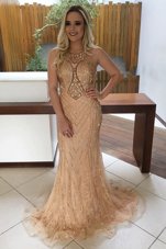 Mermaid Lace Scoop Sleeveless Sweep Train Backless Beading Evening Dress in Champagne