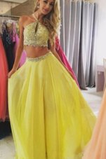 Halter Top Sleeveless Zipper Prom Dresses Yellow Chiffon