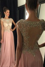 Pink Chiffon Zipper Scoop Sleeveless Floor Length Prom Dress Beading and Sequins