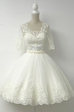 Pretty White A-line Square Half Sleeves Tulle Knee Length Zipper Lace Prom Evening Gown