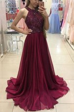 Burgundy Halter Top Zipper Beading Evening Dresses Sweep Train Sleeveless