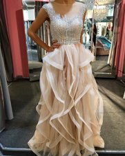 New Style Floor Length Champagne Prom Dresses Scoop Sleeveless Zipper