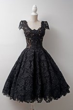 Black Scoop Zipper Lace Prom Party Dress Cap Sleeves