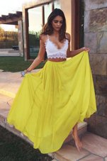 Sweet Floor Length Yellow Dress for Prom Chiffon Sleeveless Ruching