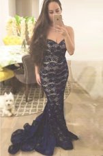 Fantastic Mermaid Navy Blue Sleeveless With Train Lace Zipper Prom Dress