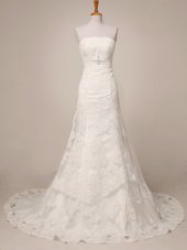 Excellent White Strapless Neckline Lace Wedding Gowns Sleeveless Lace Up