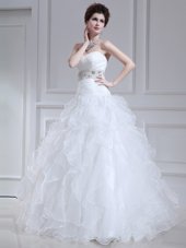 White Satin Side Zipper Off The Shoulder Cap Sleeves Wedding Gown Cathedral Train Beading and Lace and Appliques