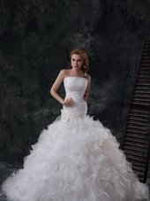 Beauteous Sleeveless Tulle Floor Length Lace Up Bridal Gown in White for with Beading and Appliques and Hand Made Flower