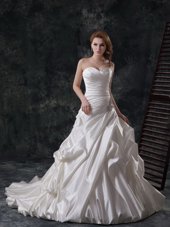 Latest Beading and Appliques and Ruching and Pick Ups Wedding Dresses White Lace Up Sleeveless Court Train