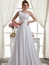 Modern One Shoulder White Sleeveless Beading and Ruching Lace Up Bridal Gown