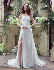 Sleeveless Brush Train Beading and Ruching Lace Up Wedding Gown