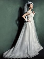 White Cap Sleeves Beading and Lace and Appliques Lace Up Wedding Gowns