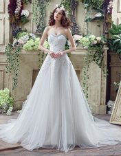 Modest White Tulle and Lace Lace Up Wedding Dress Sleeveless Court Train Beading and Lace and Appliques