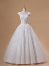 Pretty Cap Sleeves Tulle Floor Length Lace Up Wedding Dresses in White for with Lace and Appliques and Sequins