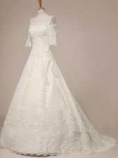 Popular Scalloped Half Sleeves Wedding Gowns Sweep Train Lace White Lace