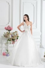 One Shoulder White Sleeveless With Train Beading and Appliques and Hand Made Flower Lace Up Wedding Dresses