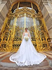 White Organza Lace Up Wedding Gown Sleeveless With Brush Train Beading and Lace and Appliques