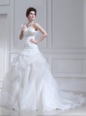 White Lace Up One Shoulder Ruffles and Ruching and Pick Ups Wedding Dress Organza and Tulle Sleeveless Brush Train