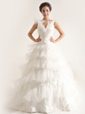 Modest Sleeveless Chiffon With Brush Train Zipper Wedding Dress in White for with Ruffled Layers