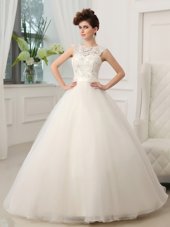 Scoop Beading and Appliques Wedding Gowns White Zipper Sleeveless Floor Length