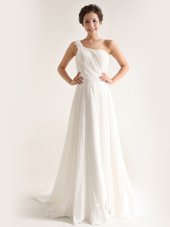 White One Shoulder Neckline Beading and Ruching Wedding Dresses Sleeveless Zipper