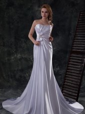 Stunning Silver Bridal Gown Wedding Party and For with Beading and Ruching and Bowknot Strapless Sleeveless Brush Train Lace Up