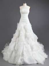 White Organza Lace Up Wedding Dress Sleeveless With Train Court Train Beading and Ruffles