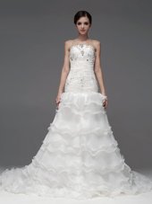 Sexy White Lace Up Strapless Beading and Ruffles and Ruffled Layers Wedding Dresses Organza Sleeveless