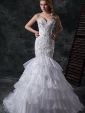 Eye-catching Brush Train Mermaid Bridal Gown White Sweetheart Organza Sleeveless Lace Up