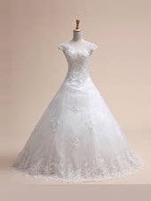 With Train White Wedding Dress Tulle Court Train Sleeveless Beading and Appliques and Bowknot