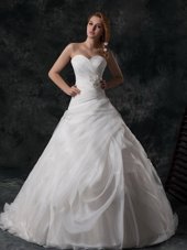 Elegant V-neck Sleeveless Bridal Gown Brush Train Ruffled Layers and Hand Made Flower White Organza