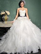 Best Selling White Organza Lace Up Wedding Gown Sleeveless Brush Train Beading and Ruffles and Belt