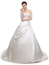 White Sleeveless Court Train Ruching With Train Wedding Gowns